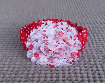 Lady in Red Dog Scrunchie Collar with red and white chiffon & lace vintage flower - Size M: 14" to 16" neck