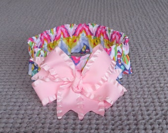 Easter Chevron Dog Scrunchie Ruffle Collar - big pink satin bow - Size XL: 18" to 20" neck