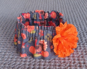 Thanksgiving Turkeys & Pumpkings Dog Scrunchie Collar with orange eyelet flower - Size M: 14" to 16" neck