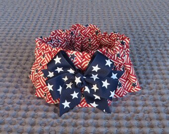 Patriotic Pinwheel Flags and Stars Dog Scrunchie Collar, Dog Ruffle Collar with navy star bow - Size XS: 10" to 12" neck