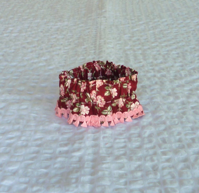 Pink Floral on Burgundy Dog Scrunchie Collar Size XS Dog Ruffle Collar with pink looped trim 10 to 12 neck