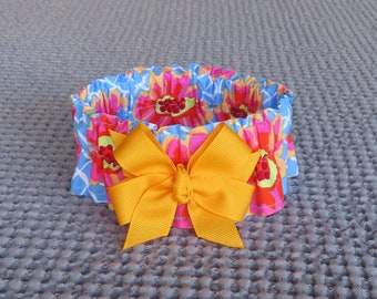 Flower Net in Blue Dog Scrunchie Collar, Dog Ruffle Collar, with dark yellow grosgrain ribbon bow - Size M: 14" to 16" neck