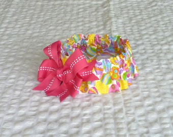 Fancy Easter Eggs Dog Scrunchie Collar, Dog Ruffle Collar, with big pink and white bow - Size L - 16" - 18" neck
