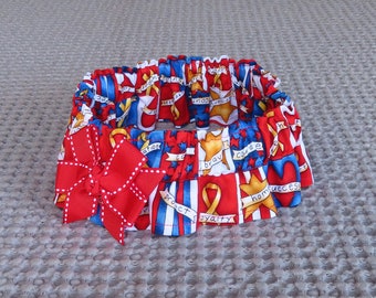 Patriotic Ribbons Dog Scrunchie, Dog Ruffle Collar - red & white stitched edge bow - Size XL: 18" to 20" neck