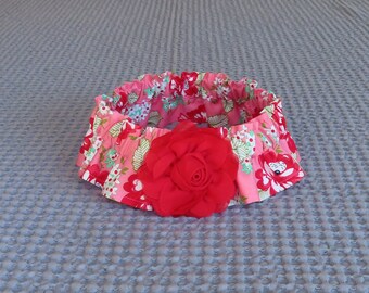 Red Roses on Coral Dog Scrunchie Collar, Dog Ruffle Collar, with red chiffon flower - Size XXL: 20" to 22" neck