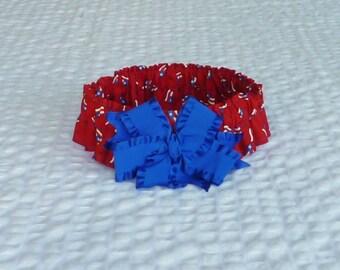 Tossed Flags on Red Patriotic Dog Scrunchie Collar, Dog Ruffle Collar with royal blue satin bow - Size XXL: 20" to 22" neck - REDUCED PRICE