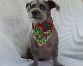 Christmas Ribbon & Holly Dog Bandana - gold trim - Size S: 12" to 14" neck