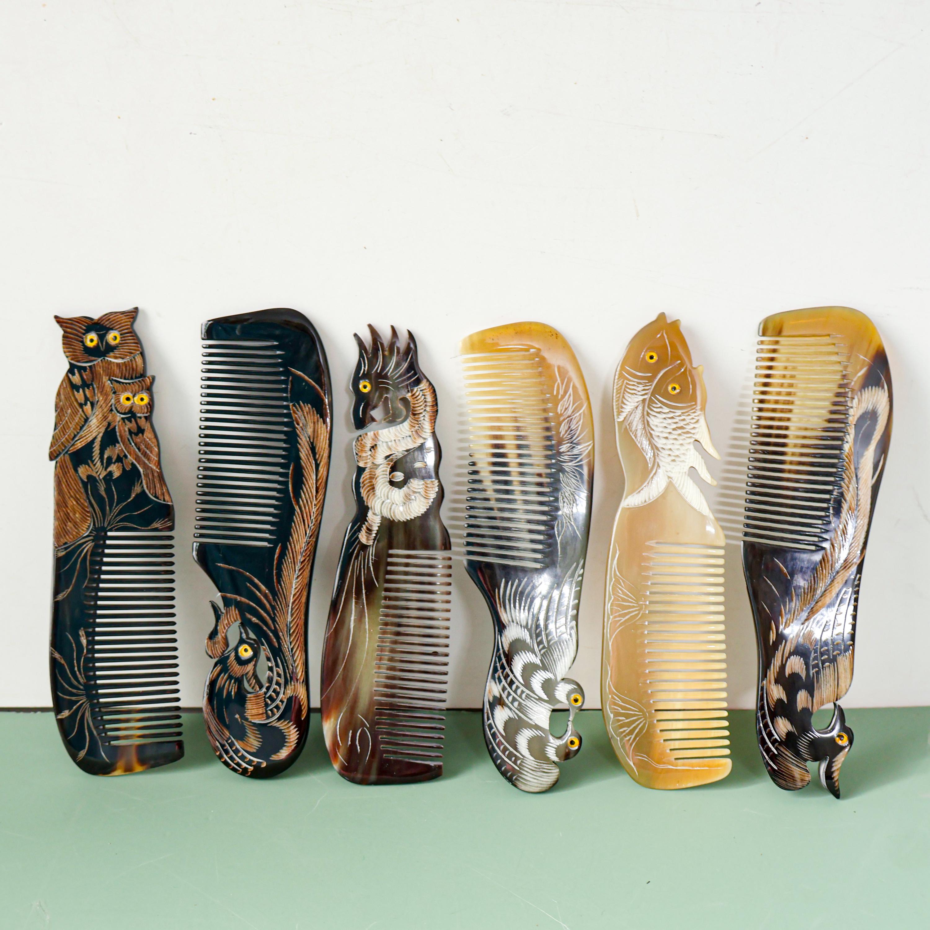 19cm Comb With Fish Dragon Pigeon Owl Carvings Real Natural Buffalo ...