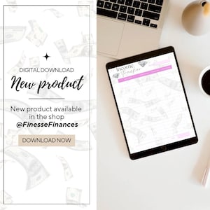 May include: A digital download for an income tracker. The image shows a tablet with a pink and white income tracker on the screen. The background is a white surface with a laptop and a cup of coffee.