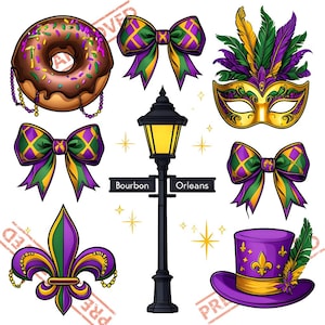May include: A set of Mardi Gras themed illustrations including a donut, a bow, a street lamp with the words "Bourbon" and "Orleans" on the signs, a mask, a fleur-de-lis, a bow, and a top hat with a feather.