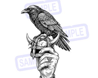 バイキングのカラスの線画 | 北欧の兜、戦士の手 (PNG SVG)
