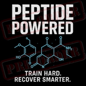 May include: Black graphic design with the words "PEPTIDE POWERED" in white block letters. Below, a light blue molecular structure is displayed. The text "TRAIN HARD. RECOVER SMARTER." is at the bottom.