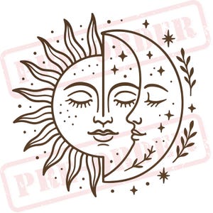 Può includere: Illustrazione a tratto marrone del sole e della luna che si abbracciano. Il sole ha gli occhi chiusi, lentiggini e linee radianti. La luna ha gli occhi chiusi, stelle e un rametto di foglie.