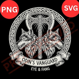 Puede incluir: Diseño gráfico en blanco y negro con dos cabezas de lobo enfrentadas, flanqueando un hacha de doble filo. El texto "ODIN'S VANGUARD" está en una pancarta, con "EYE & FANG" debajo. El diseño está enmarcado por un borde de nudos celtas blancos.