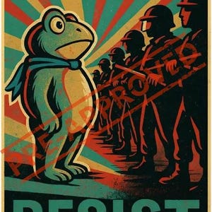 May include: Vintage-style poster featuring a cartoon frog with a blue scarf, standing before a line of soldiers. The background has a retro design with red, yellow, and teal rays. The word "RESIST" is printed in large green letters.