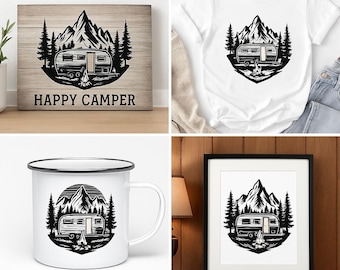 Camping SVG PNG JPG | Vintage Camper Trailer with Mountains Clipart | Campfire Forest Scene | Happy Camper Sublimation Design.