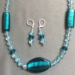Teal and light blue Murano and Czech glass bead necklace set