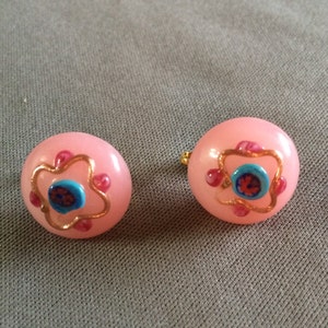 pink and blue round glass bead clip on earrings
