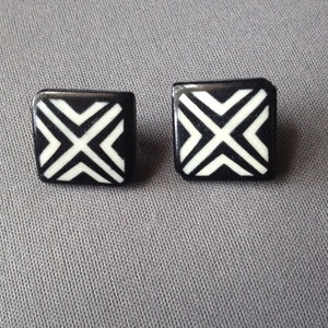 black and ivory geometric pattern square clip-on earrings