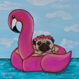 Pug in a flamingo pool floatie fine art PRINT, silly dog wall art, pug  lovers gift idea, bathroom dog art