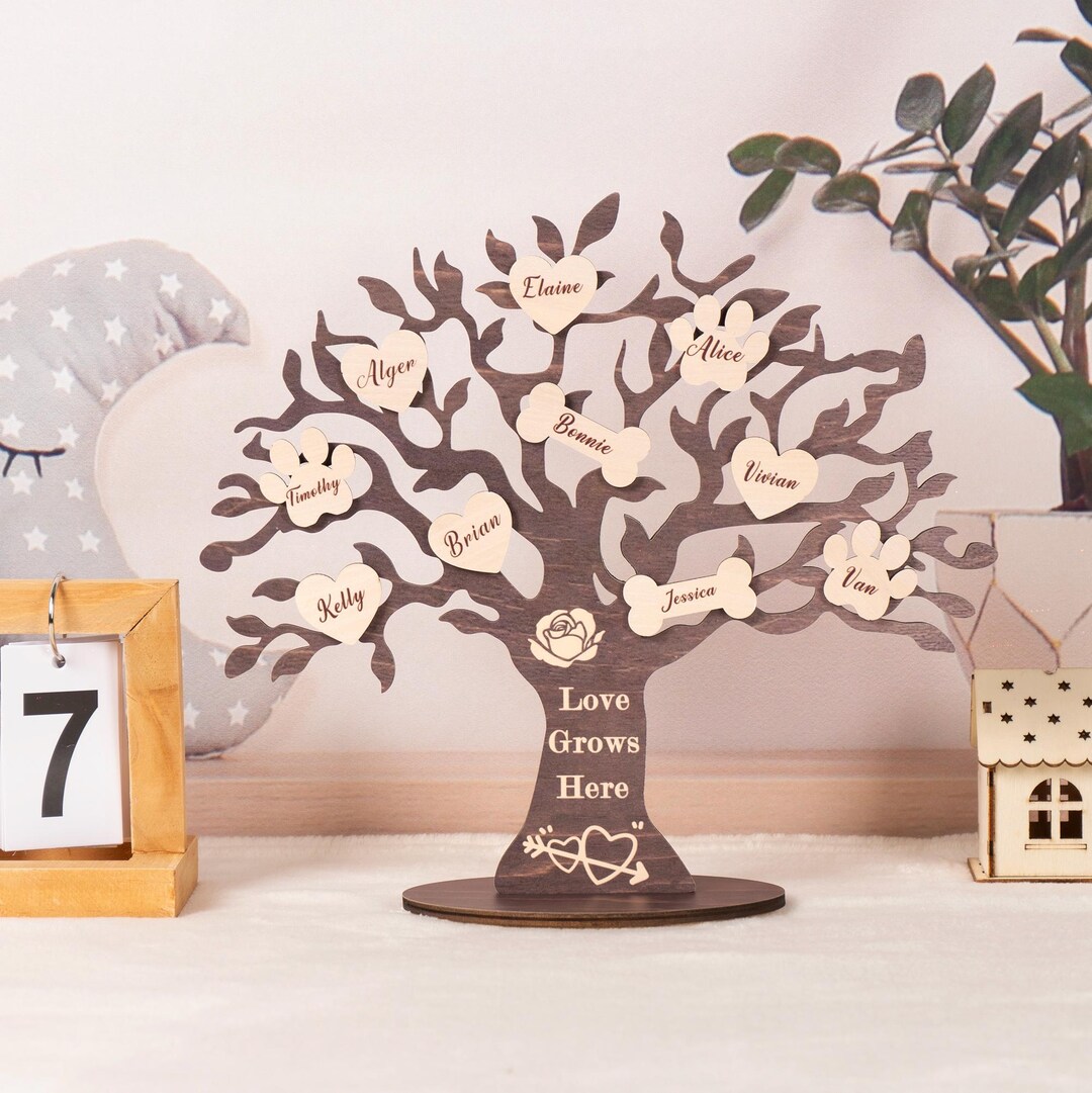 Personalized Wooden Family Tree Sign, Custom Hanging Hearts and Paw ...