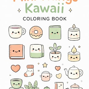 May include: A white background features a collection of cute, cartoon-style illustrations. The text "Mini Things Kawaii Coloring Book" is at the top. The illustrations include a coffee cup, donut, book, candle, heart, sock, and teapot.