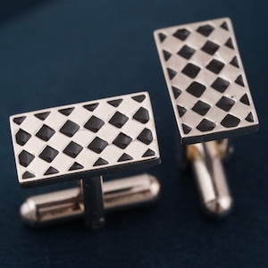 Black and White Check Silver Cufflinks, Mens Party Wear Suit Cufflinks, 925 Sterling Silver Cufflinks For Men, Handmade Unisex Cufflinks.