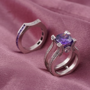 Purple Amethyst Ring, Diamond & Amethyst Ring Set, Womens Bridal Wedding Ring, 925 Sterling Silver Handmade Rings, Bridal Ring, Gift for Her