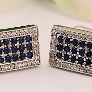 Blue Sapphire Cufflinks For Mens, Round Diamond Handmade Cufflinks, 14k White Gold Plated Sterling Silver Cuffs, Formal Suit Men&#39;s Cufflinks