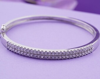 Moissanite Double-Row Diamond Bangle, Minimalist Round Fancy Bangle Bracelet, 925 Sterling Silver Handmade Bangle For Womens, Gift For Her.