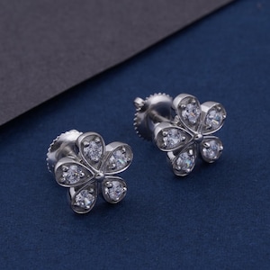 Moissanite Flower Stud Earring, Minimalist Stud, Diamond Screw Back Earrings, Sterling Silver Handmade Womens Stud Earrings, Gift For Her.