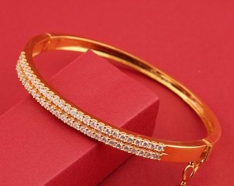 Moissanite Gold Bangle, Two Row Round Half Eternity Bangle, 14k Gold-Plated Handmade Bangle For Her, 925 Sterling Silver Bangle For Women&#39;s