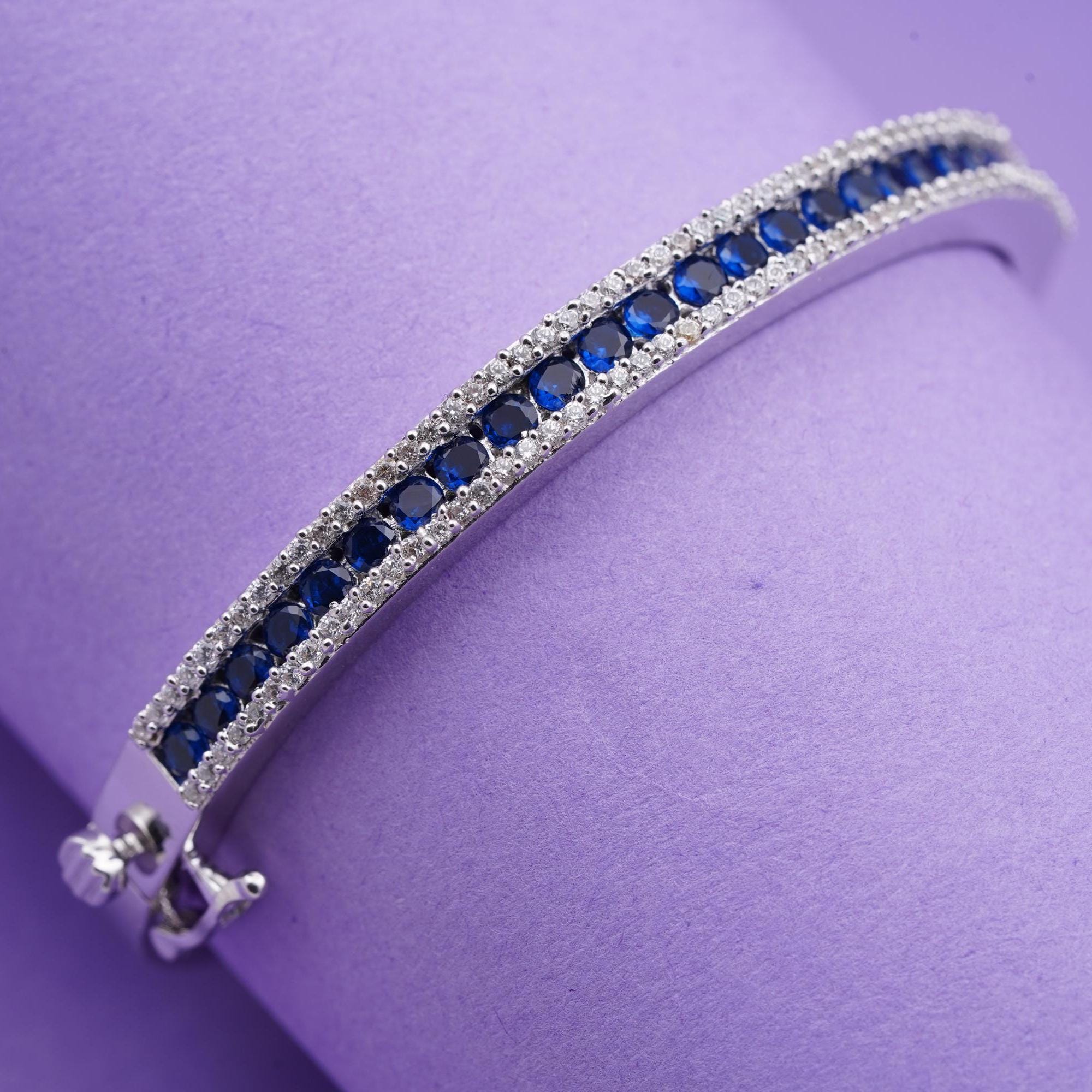 Blue Sapphire Bangle, Diamond Bangle, Wedding Bracelet, 14k White Gold Plated Handmade Bangle For Women, Classic Western Bangle Gift For Her