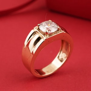 Round Gold Band Ring, Solitaire Diamond Ring, 925 Sterling Silver Ring, 14k Gold Plated Handmade Ring Foe Men&#39;s, Statement Gift ring For Her