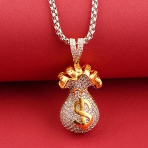 Moissanite Men Iced Out Money Bag Hip-Hop Pendant, Dollar Sign Diamond Pendant, 14k Gold Plated Pendant, 925 sterling Silver Pendant For Him