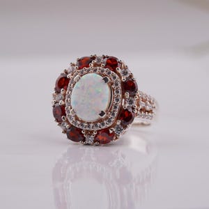 Opal and Red Garnet Cluster Flower Ring, Minimalist Oval and Round Diamond Ring, 925 Sterling Silver Handmade Ring For Womens, Gift For Her.