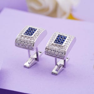Moissanite & Blue Sapphire Western Cufflink, Minimalist Unisex Cufflinks, 925Sterling Silver Handmade Cufflinks, Formal Wear Suits Cufflinks