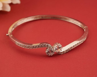 Women&#39;s Diamond Bangle Bracelet, Round Diamond Handmade Bangle, 925 Sterling Silver Unique Design Bangle For Her, Anniversary Gift For Wife