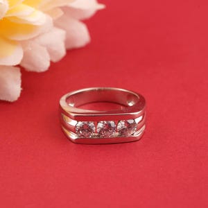 Men&#39;s Three Moissanite Silver Ring, Round Diamond Ring, 925 Sterling Silver Ring, 14k White Gold Plated handmade Ring, Wedding Ring For Him