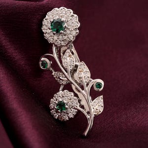 Moissanite & Emerald Flower Women Brooch Pin, Round Diamond Silver Brooch, 14k White Gold Plated Brooch, 925 Silver Handmade Weeding Jewelry