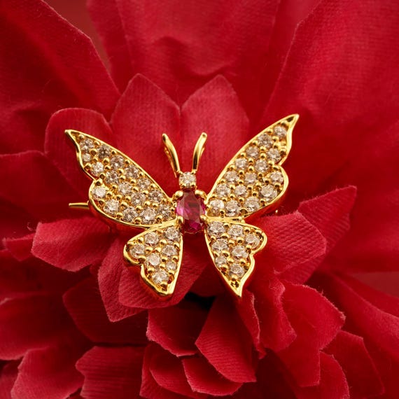 Broche Papillon élégante Plaquée Or Avec Strass - Bijou Occasion, Style Vintage