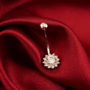 Floral Design Belly Button Ring, 14k Solid Gold Women Body Jewelry, Navel Piercing Belly Ring For Girl, Handmade Round Moissanite Belly Ring