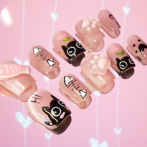 Cute Black Cat Handprint Handmade Press on Nails/ 3D Cat Paw Print Nails/Cat Eye Chrome Lovely Anime Cartoon Nails/Birthday Holiday Gift