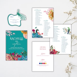 Op de afbeelding: Een turquoise blauwe uitnodiging met een pauwenontwerp en bloemmotieven. De uitnodiging luidt "Rachelle wordt Achttien" en bevat de datum, tijd en locatie van het evenement. De uitnodiging bevat ook een RSVP-kaart met een pauwenontwerp.