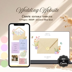 May include: A digital wedding website template displayed on a smartphone and tablet. The design features floral illustrations, an envelope graphic, and the text "Wedding Website" and "Canva EDITABLE TEMPLATE". The color palette includes soft pastels.