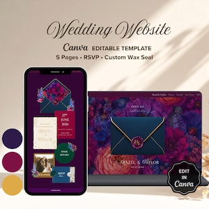 Puede incluir: Una plantilla de sitio web de bodas digital mostrada en una pantalla de smartphone y portátil. El diseño presenta un fondo morado oscuro con patrones florales, un sobre azul marino con un sello de cera dorado y el texto Hazel & Taylor.