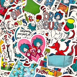 50 Random Dr. Seuss Stickers, Thing 1 & 2 Inspired Stickers, Classic Seuss Character Stickers, Waterproof Stickers for Kids and Seuss Fans