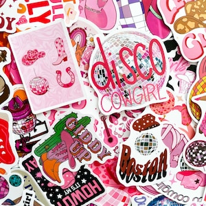 50 Random Pink Cowgirl Stickers Pack, Y2K Disco Hat Stickers, Retro Glitter Stickers, Waterproof Stickers for Scrapbook, Guitar, Laptop
