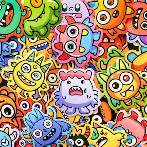 50 Random Cute Monster Stickers, Colorful Cartoon Monster Stickers for Kids, Waterproof Stickers for Journal, Scrapbook, DIY Crafts