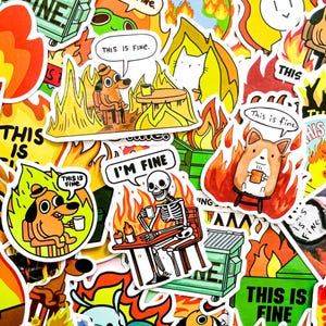 50 Radom This is Fine Theme Stickers, Cute Fire Meme Stickers for Kids, Funny Waterproof Stickers Pack for Journal, Scrapbook, DIY Craft